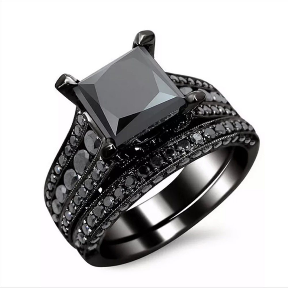 New 18K GP 2 Pc Set Princess Black Sapphire Ring